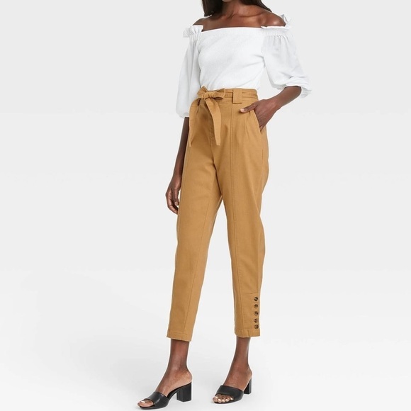 Who What Wear 100% Cotton Tan Pants Button Ankle Length High Rise Pants - Picture 1 of 10